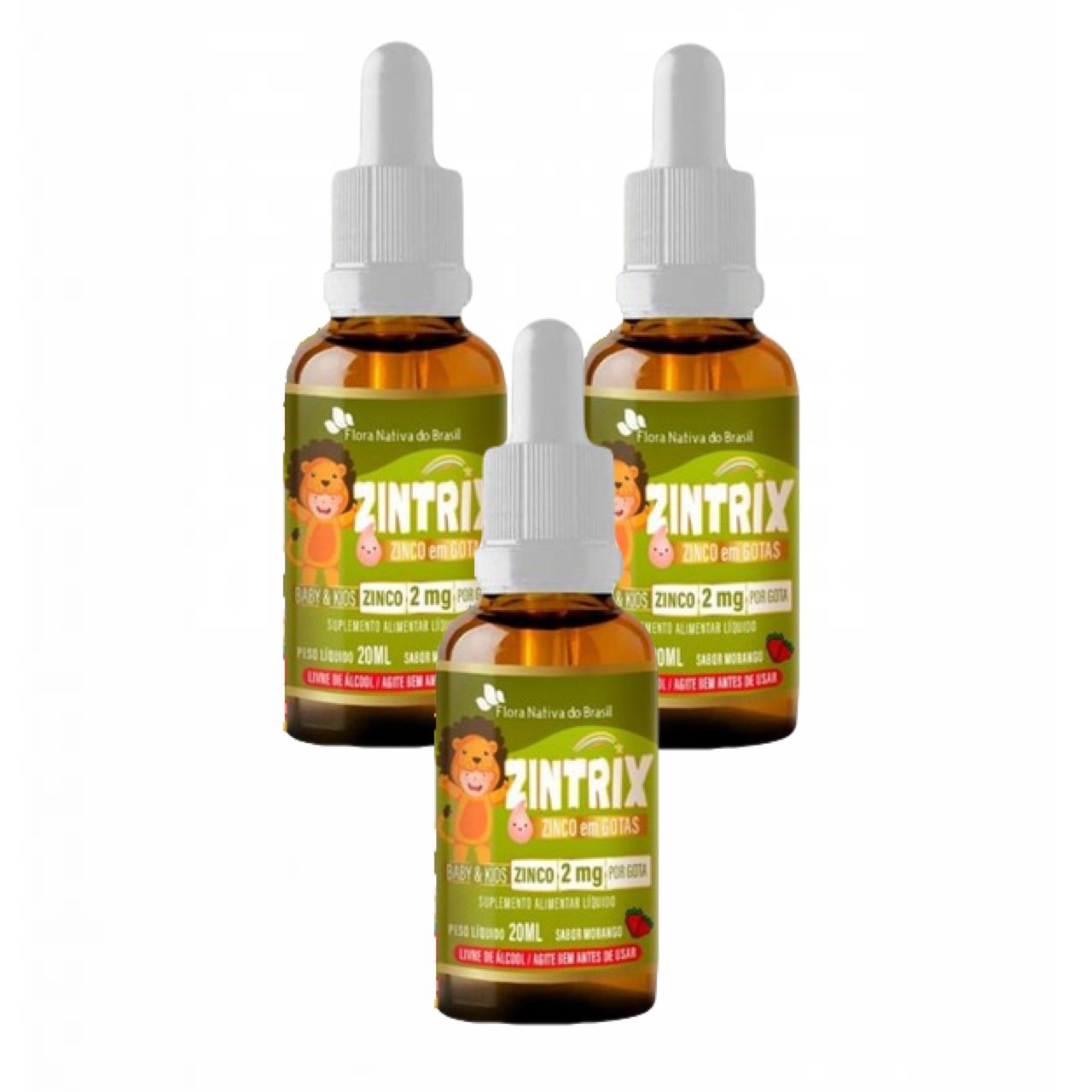 3x Zintrix Zinco Em Gotas Kids- 20ml- Flora Nativa- Morango