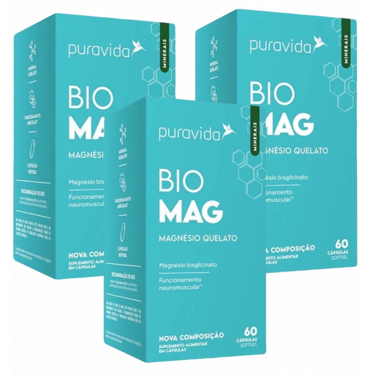 3x Bio Mag- Magnésio Quelato- 60 Softgel- Pura Vida