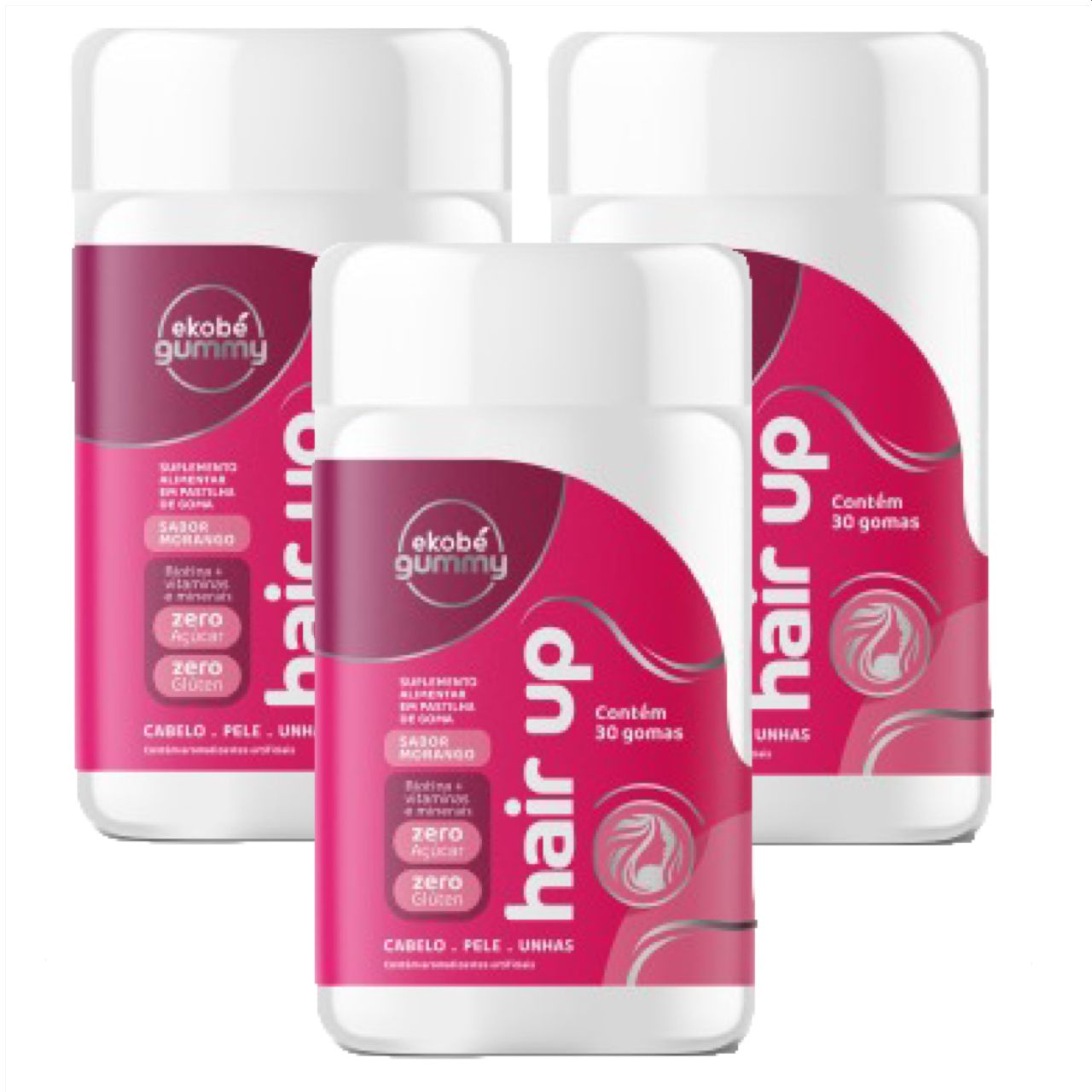3x Hair Up Gummy -30 Gomas Morango- com Biotina e Vitaminas