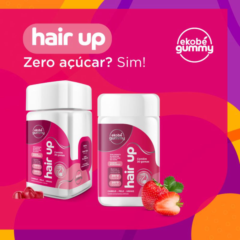 3x Hair Up Gummy -30 Gomas Morango- com Biotina e Vitaminas