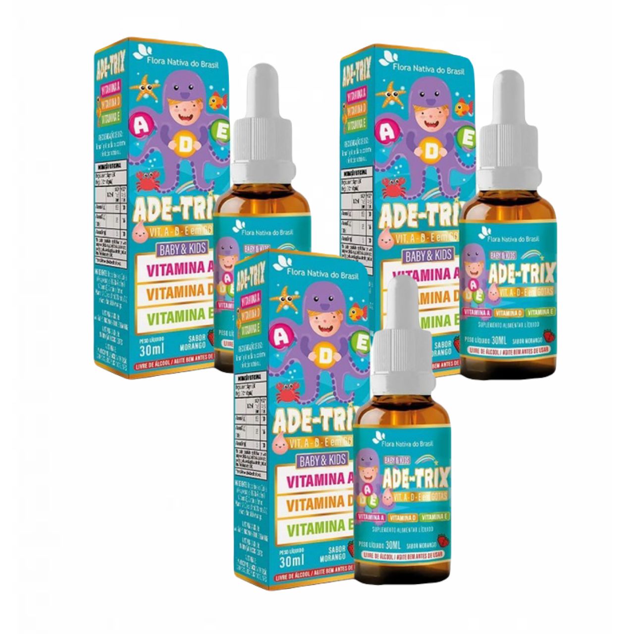 3x Ade- Trix Kids - Vitaminas A- D- E- 30ml- Sabor Morango Morango