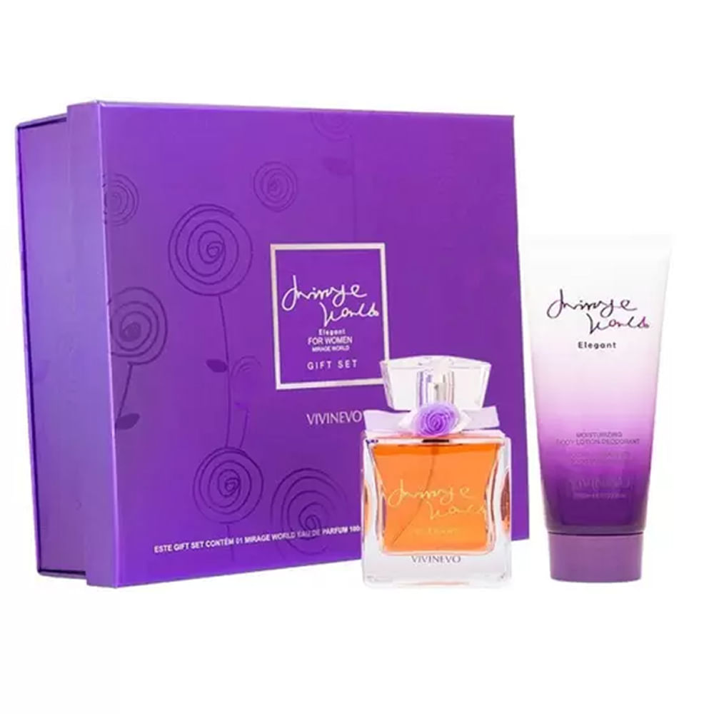 Kit Perfume Vivinevo Mirage World Elegant EDP Feminino 100ml + Body Lotion 150ml