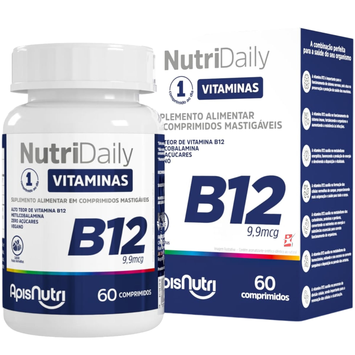 Nutridaily Vitamina B12 Metilcobalamina 60 Comprimidos Mastigaveis Frutas Vermelhas - Apisnutri