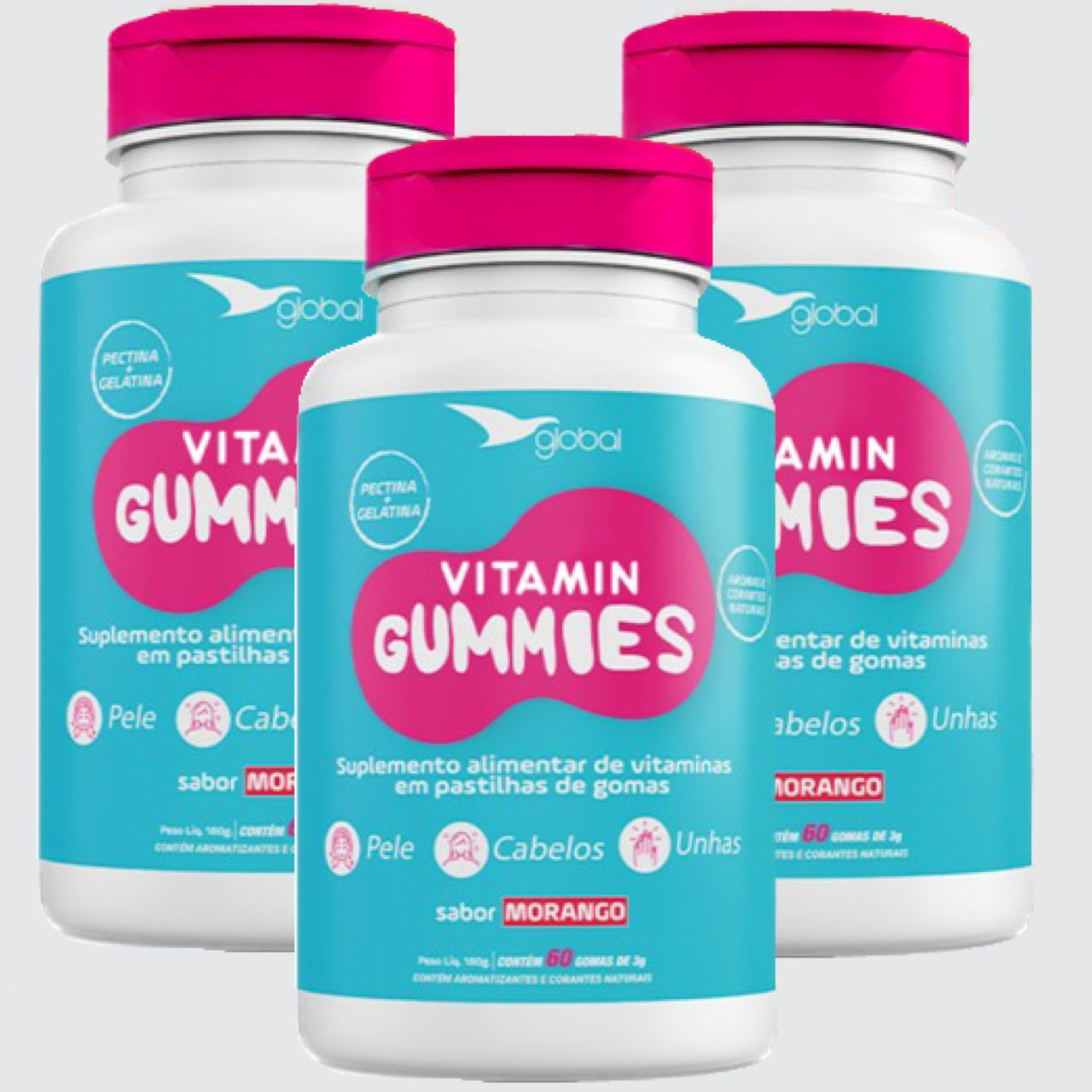 3x Vitamin Gummies Cabelos, Pele E Unhas  Global  60 Gomas