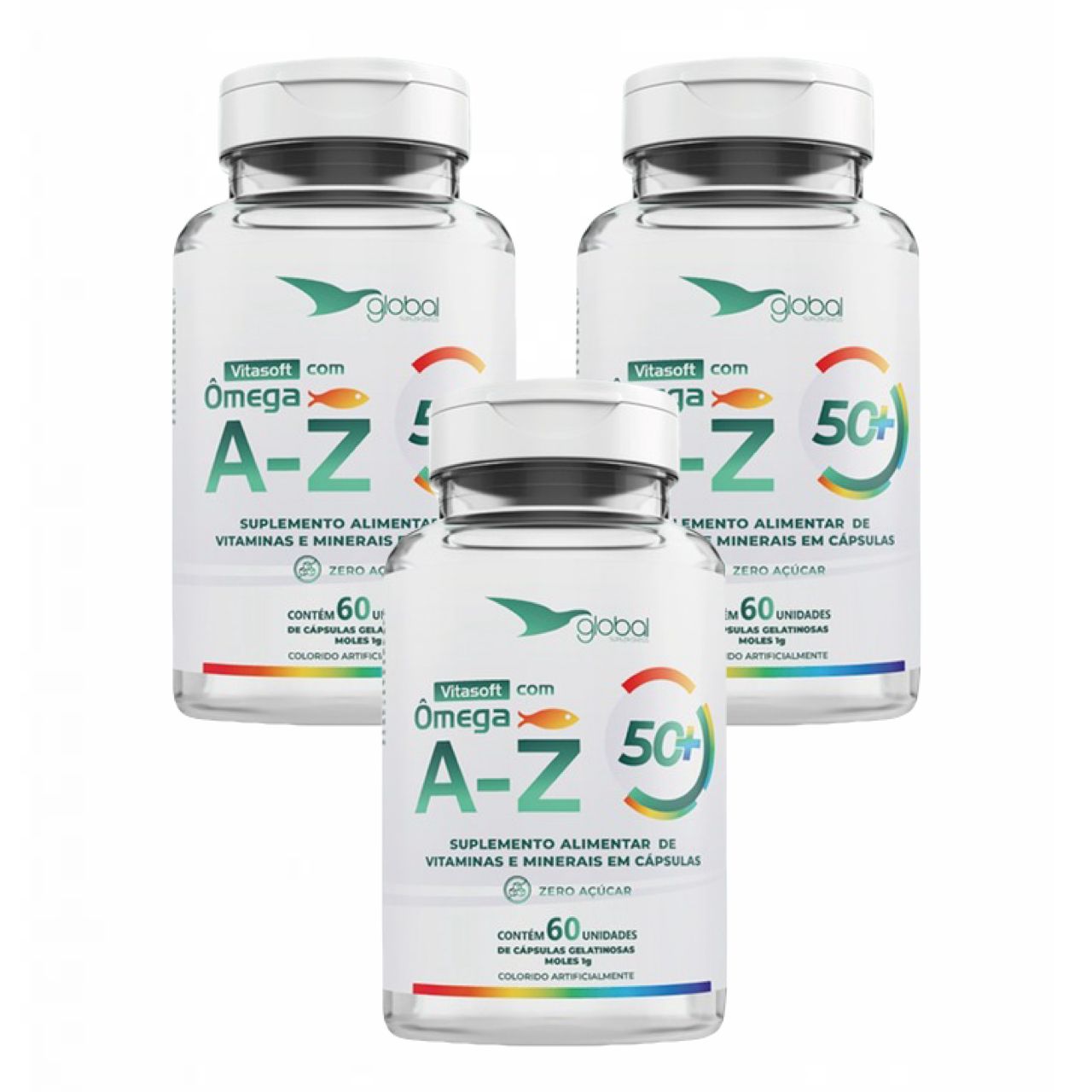 3x Vitasoft A  Z + Ômega   Polivitamínico Global Suplementos Sem Sabor