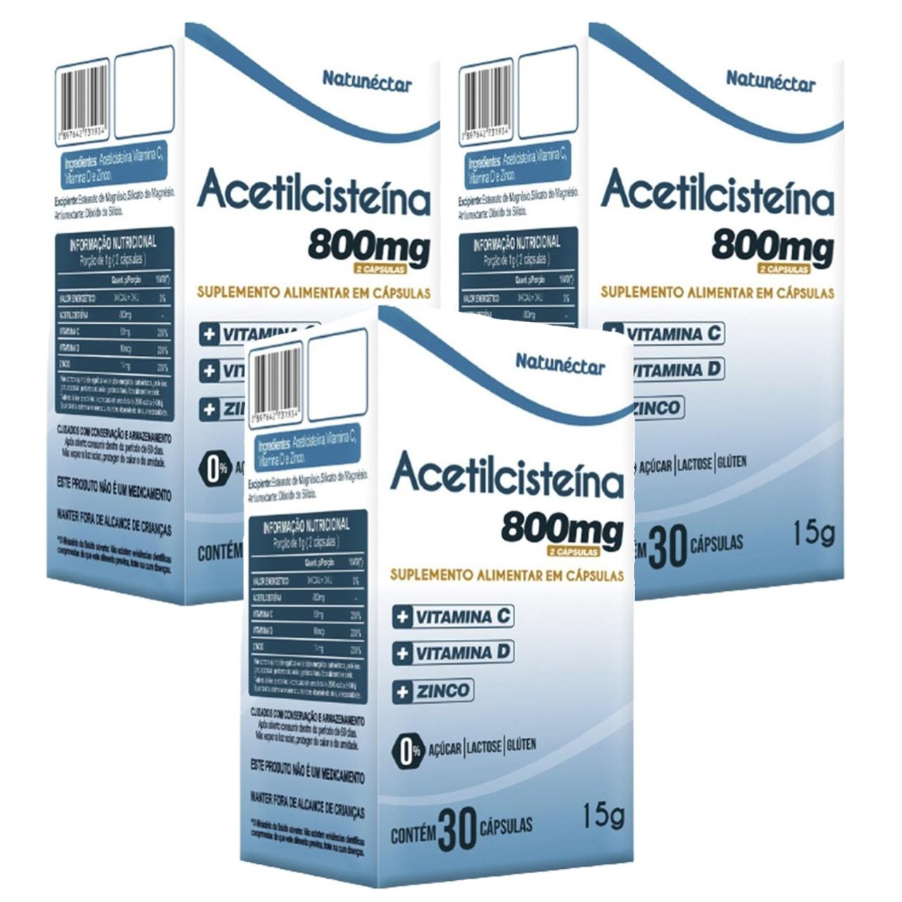3x Acetilcisteína  NAC 30 Cáps. 800mg  Vitamina C D e Zinco