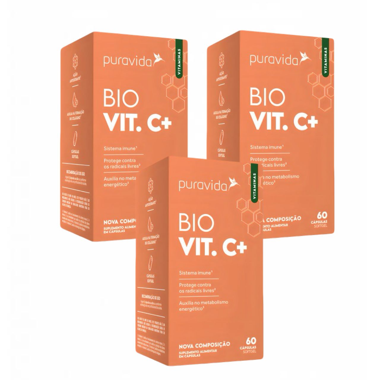 3x Bio Vit C+ Puravida   60 Cápsulas   Vitamina C Sem Sabor