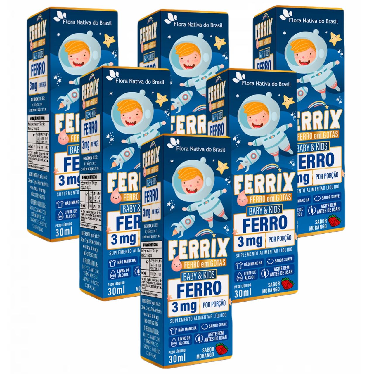 6x Ferrix- Ferro Em Gotas Kids- 30ml- Flora Nativa- Morango