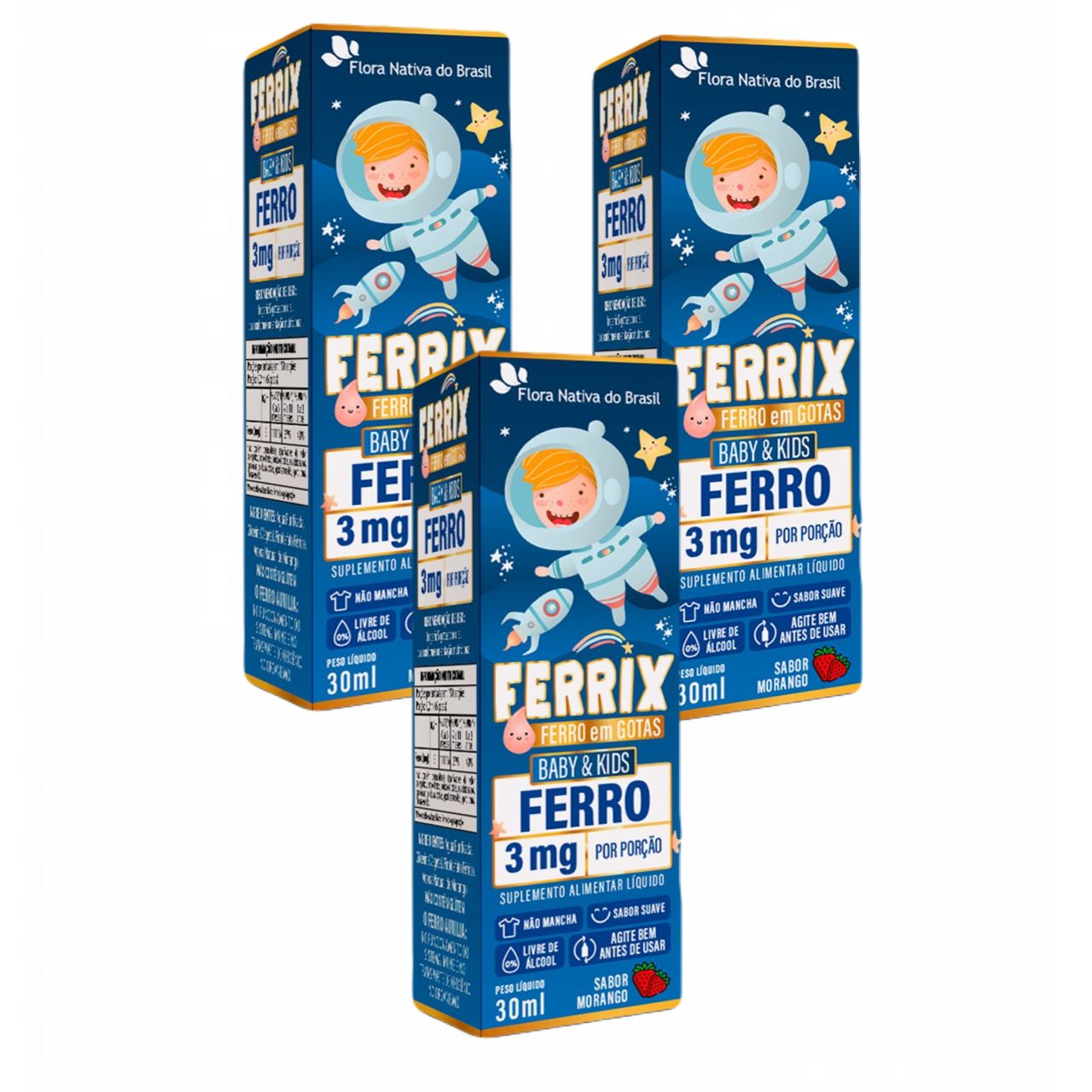 3x Ferrix- Ferro Em Gotas Kids- 30ml- Flora Nativa- Morango