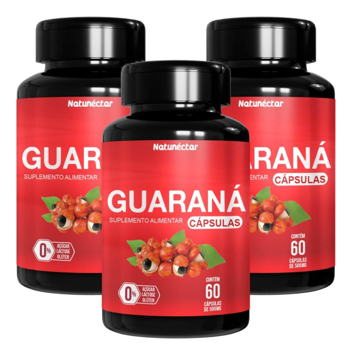 3x Guaraná 500mg -60 Cápsulas- Natunéctar