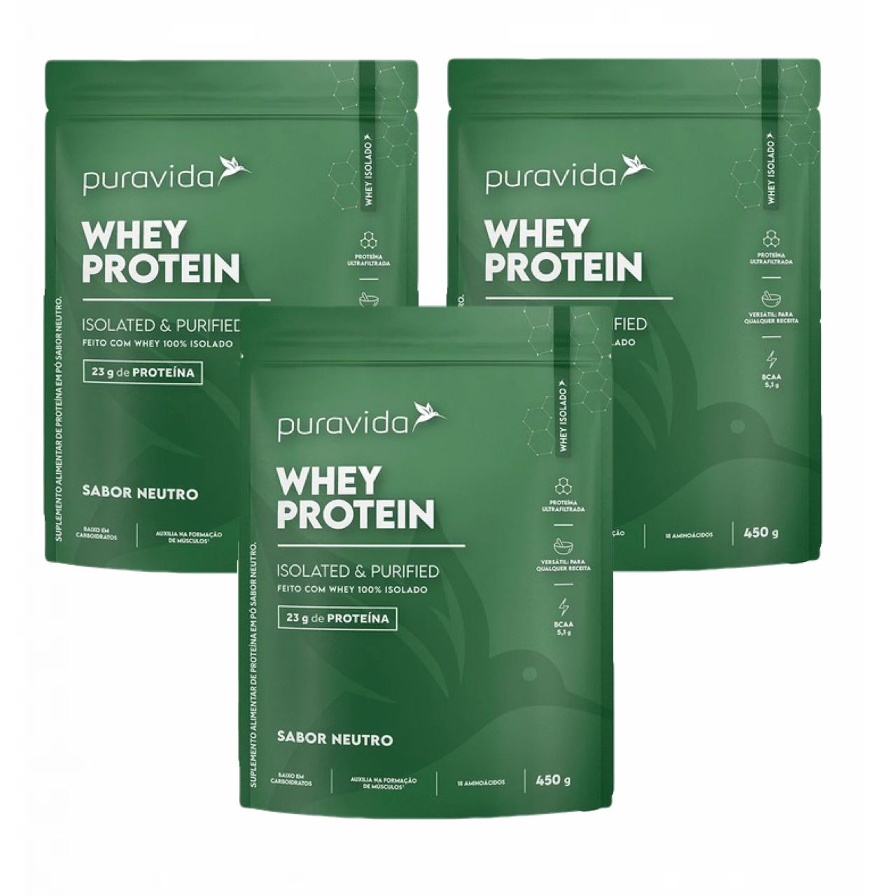 3x Whey Protein Isolado- Sabor Neutro- 450g- PuraVida