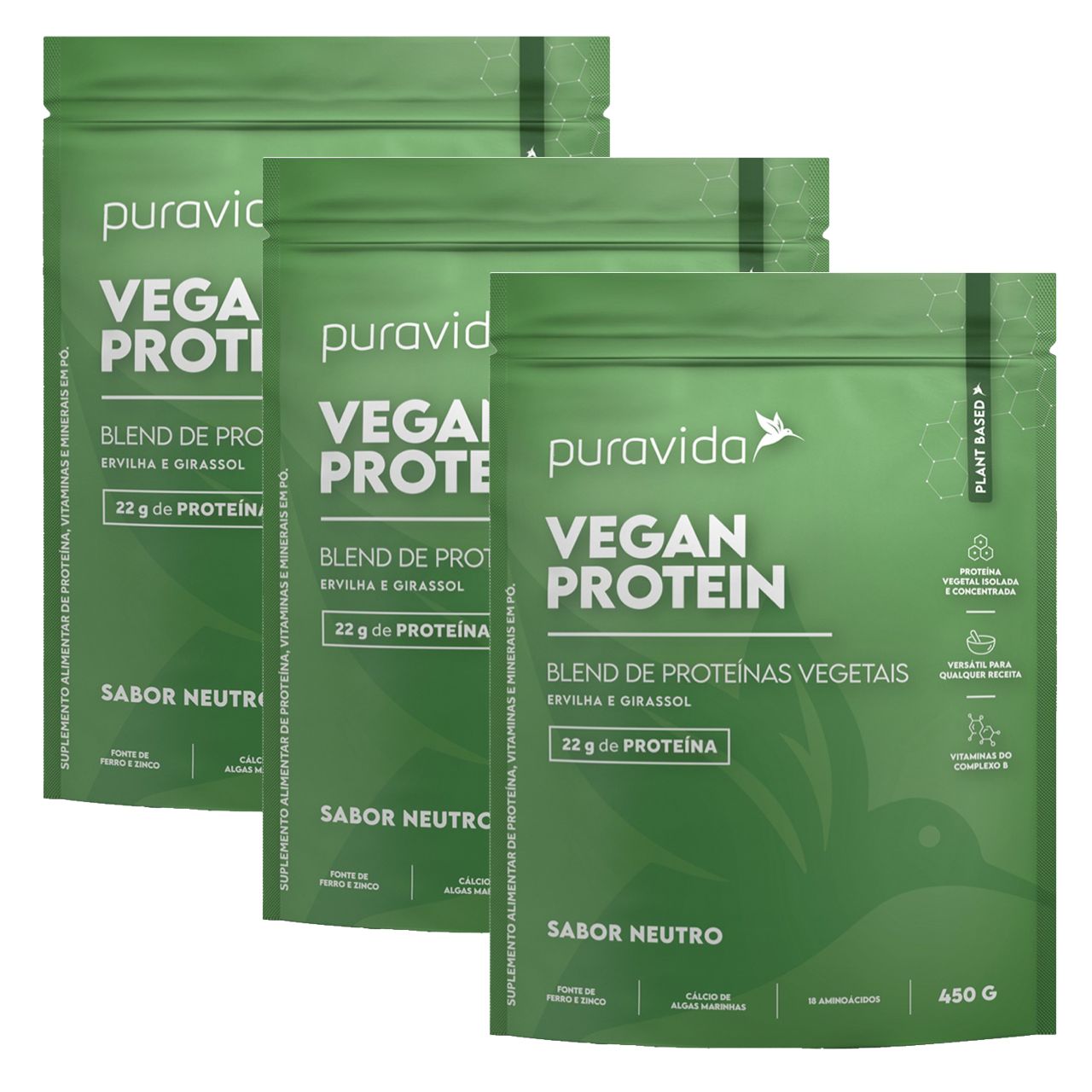 3x Vegan Protein Proteínas Vegetais Pura Vida 450g Neutro