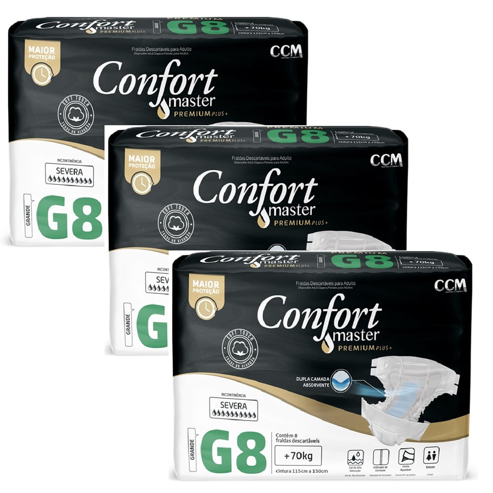 Kit 3 Fraldas Geriátricas Confort  Premium Regular G 8u