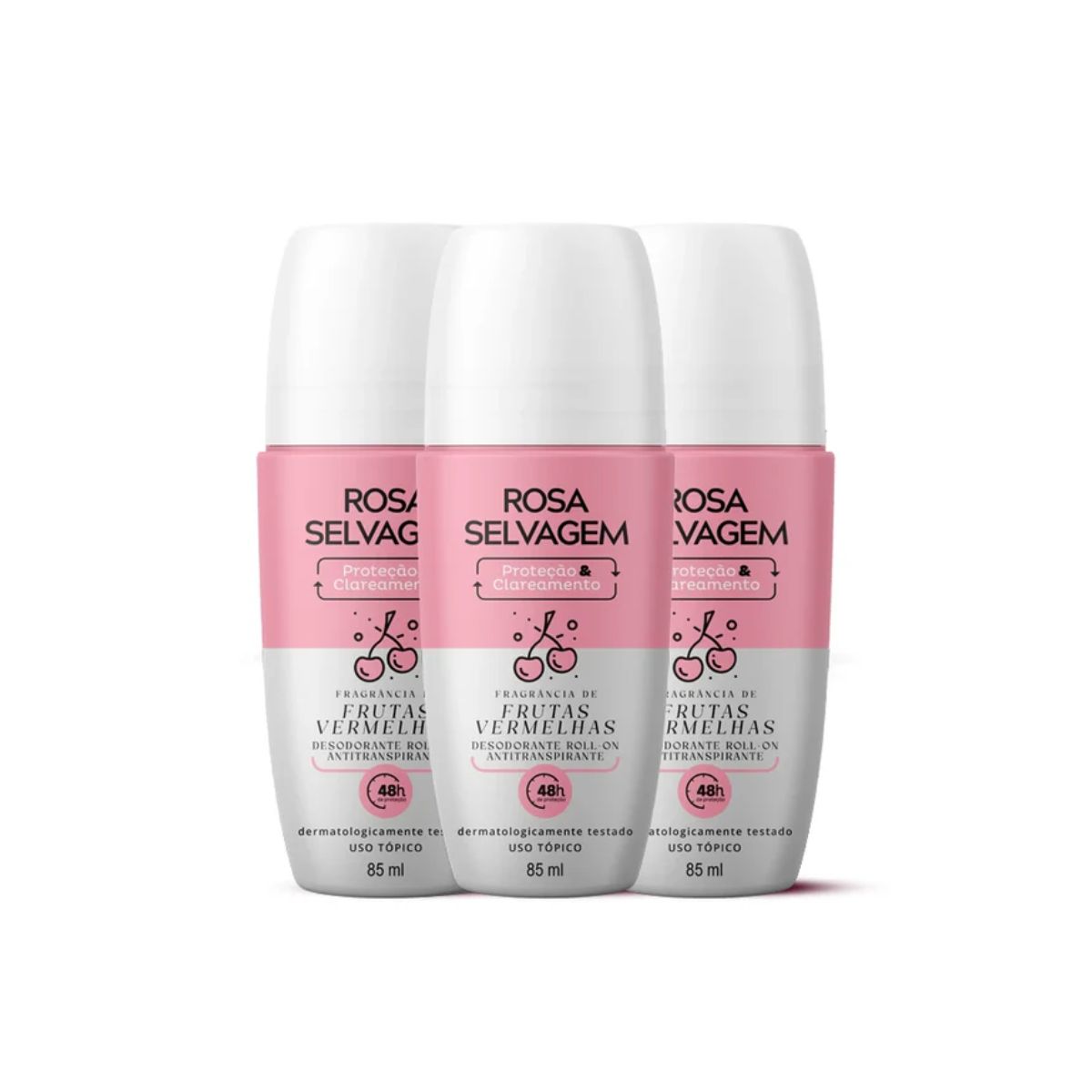Kit 3 Desodorantes Roll-on Clareador Rosa Selvagem Frutas Vermelhas 85ml