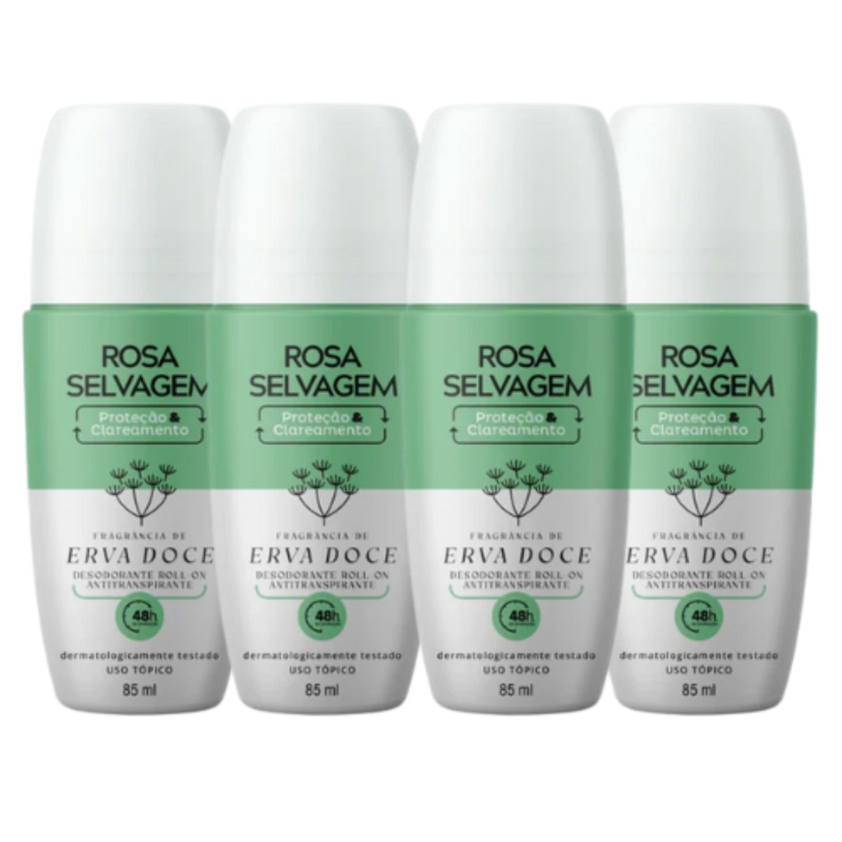 Kit 4 Desodorantes Roll-on Clareador Rosa Selvagem Erva Doce 85ml