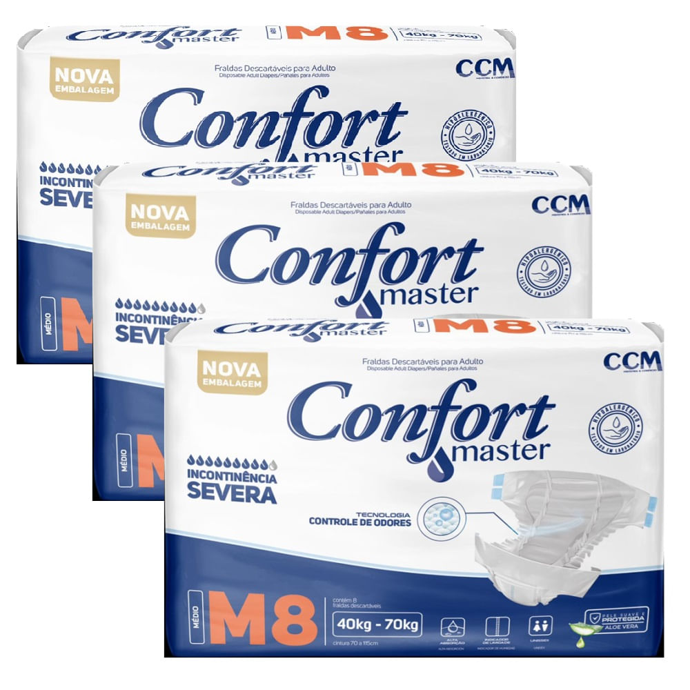 Kit 3 Fraldas Geriátricas Confort Master Regular M  8 Unid