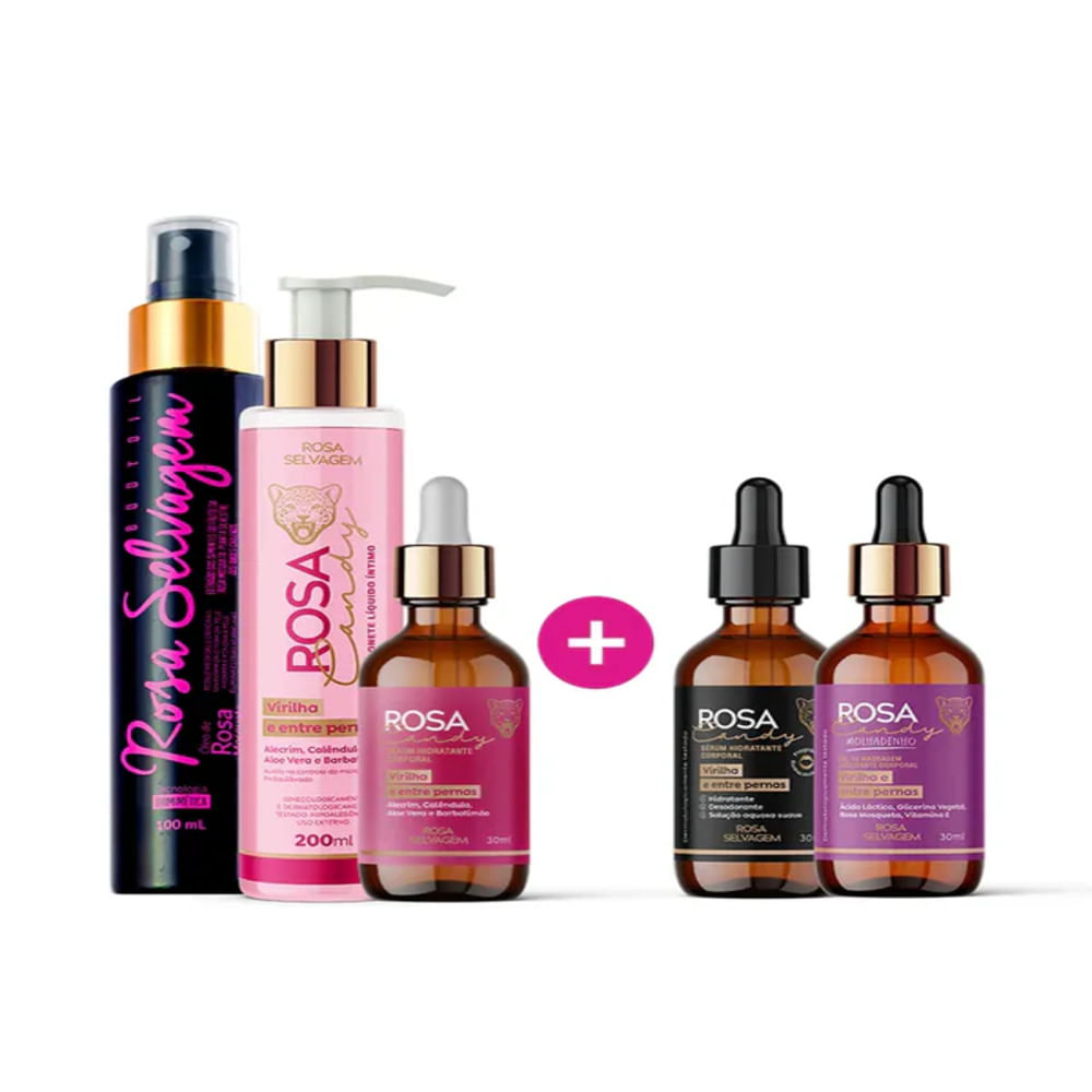 Kit Rosa Selvagem Clímax Total - Óleo + Sérum Candy + Sérum Hidratante + Sérum Molhadinho + Sabonete Candy