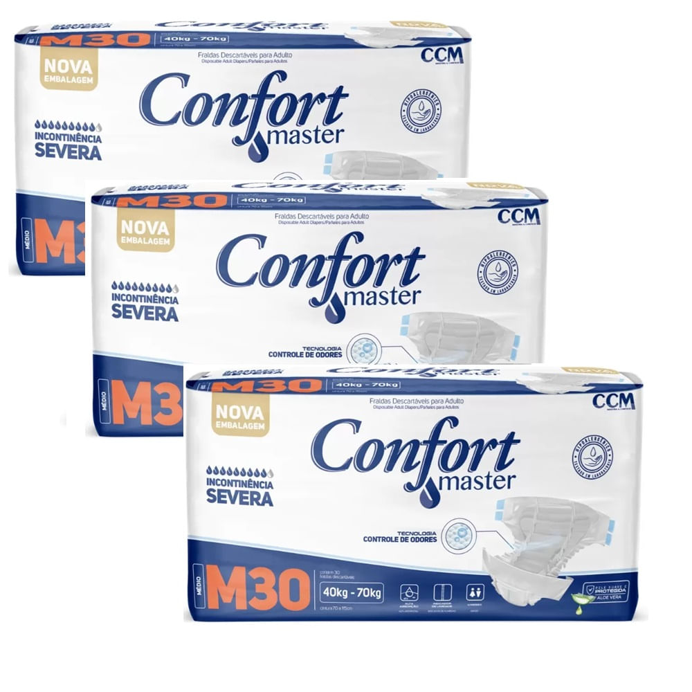 Kit 3 Fraldas Geriátricas Confort Master Econ  M 30 Unidades