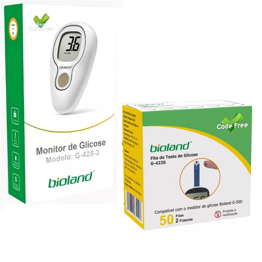 Kit Medidor De Glicose G-425-3 + Caixa 50 Fitas Bioland