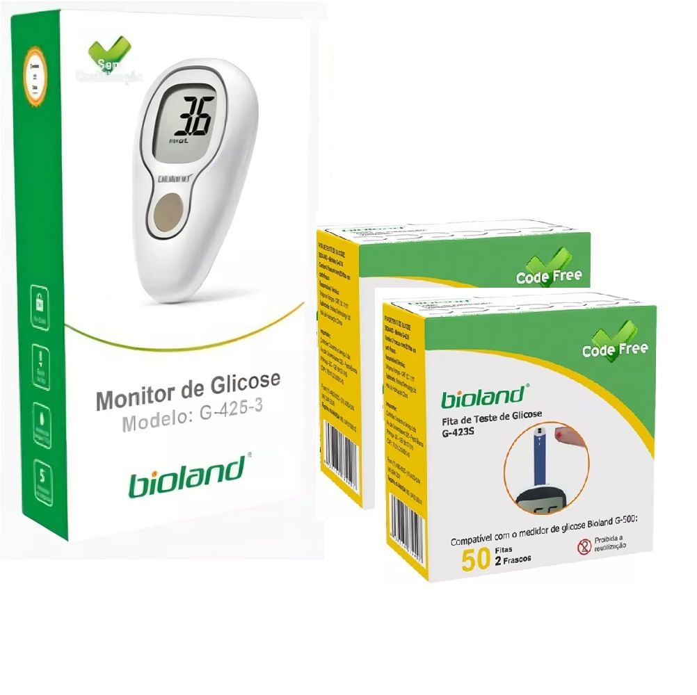 Kit Medidor De Glicose G-425-3 + Caixa 100 Fitas Bioland