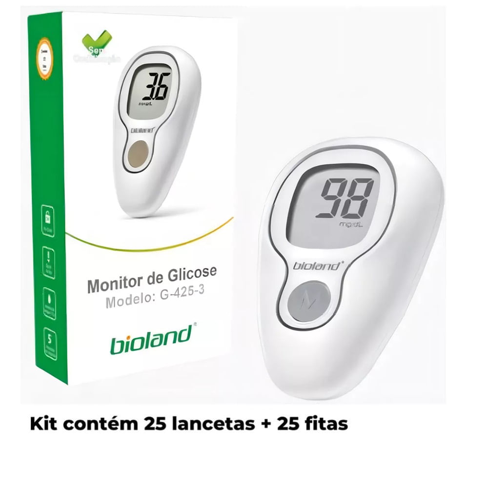 Monitor Glicose Kit 25 Fitas + 25 Lancetas Bioland G425-3