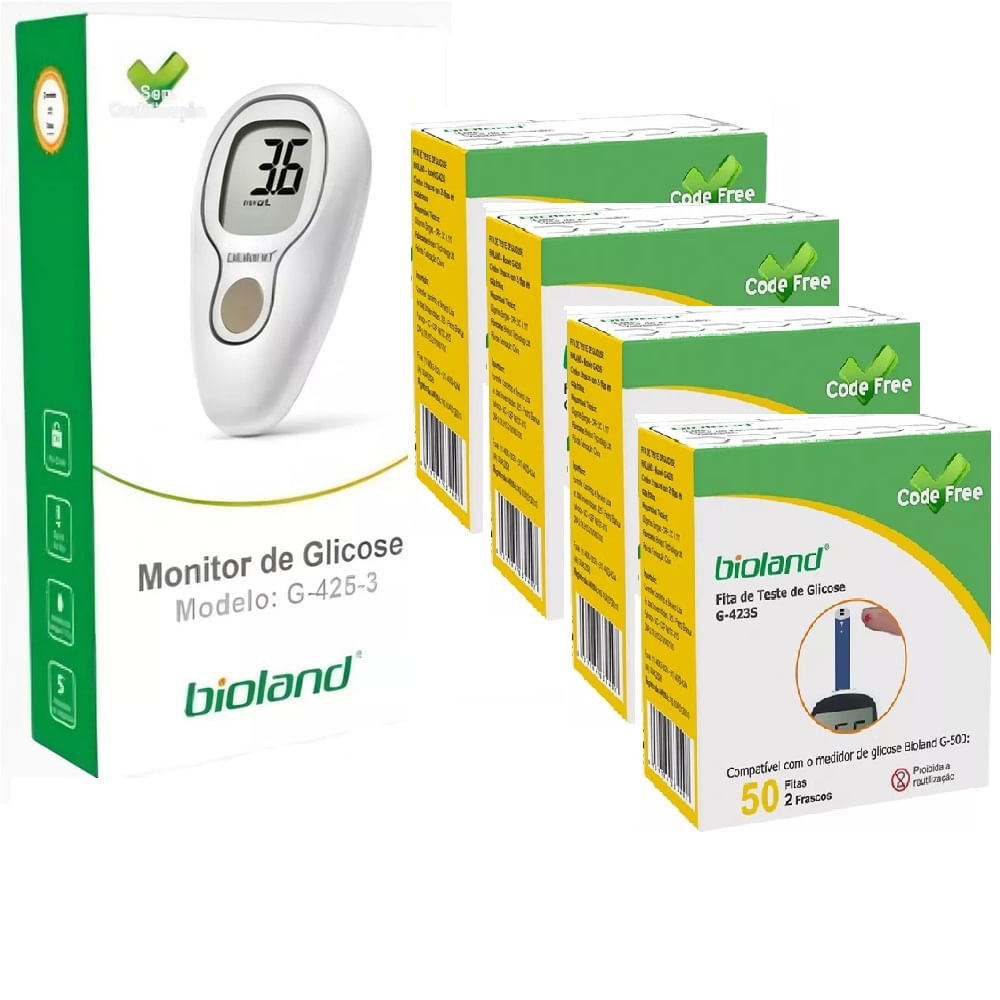 Kit Medidor De Glicose G-425-3 + Caixa 200 Fitas Bioland