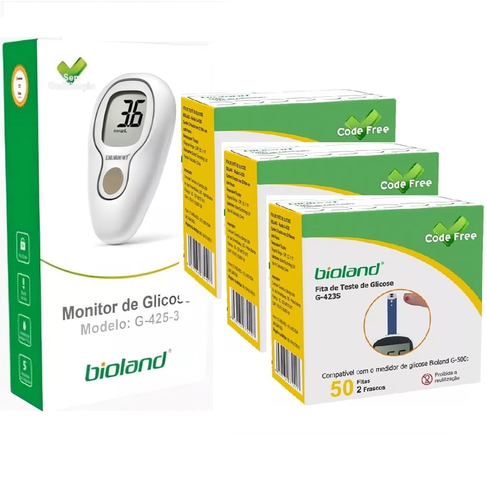 Kit Medidor De Glicose G-425-3 + Caixa 150 Fitas Bioland