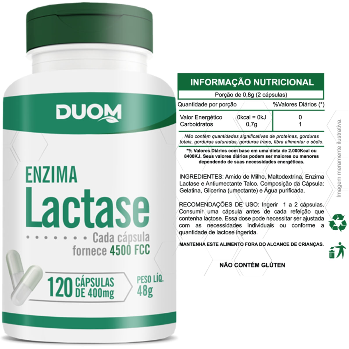 ENZIMA LACTASE 4500 FCC INTOLERÂNCIA LACTOSE DUOM 120 CÁPSULAS