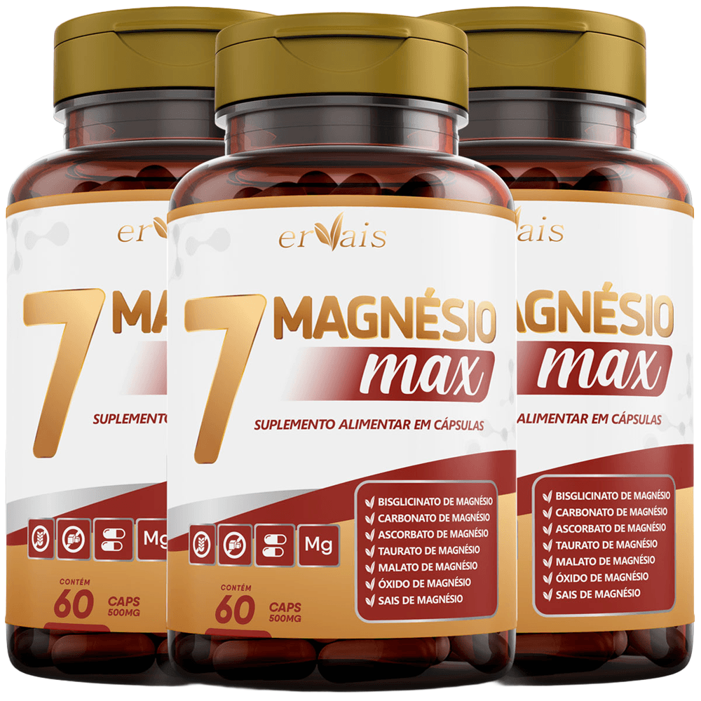 7 Magnésio Max Óxido + Bisglicinato + Malato + Carbonato + Taurato + Ascorbato 3 Frascos