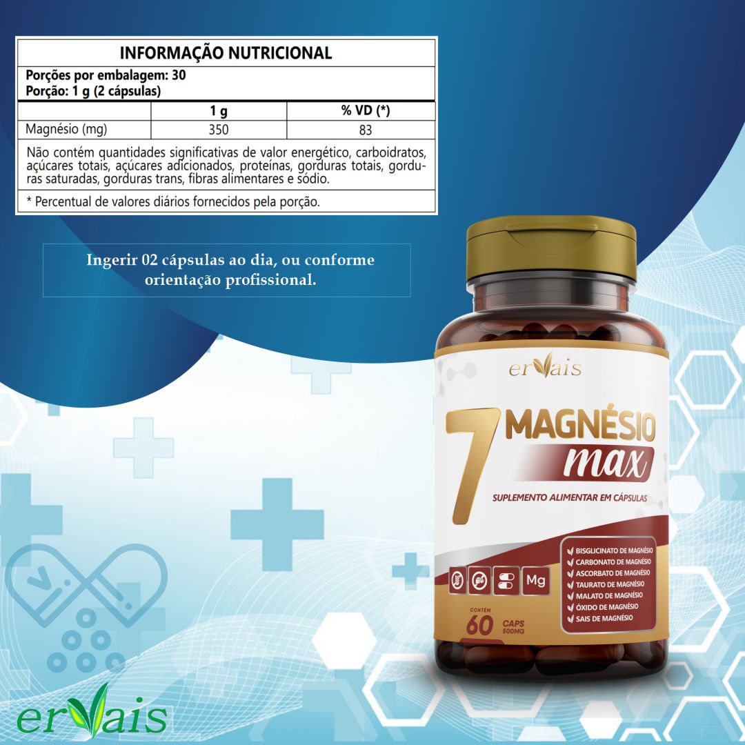7 Magnésio Max Óxido + Bisglicinato + Malato + Carbonato + Taurato + Ascorbato 3 Frascos
