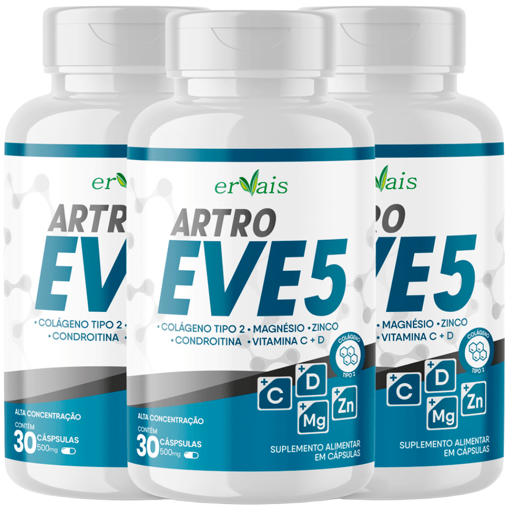 ArtroEve 5 Condroitina + Colágeno Tipo 2 + Magnésio + Vitamina C + D + Zinco 3 Frascos