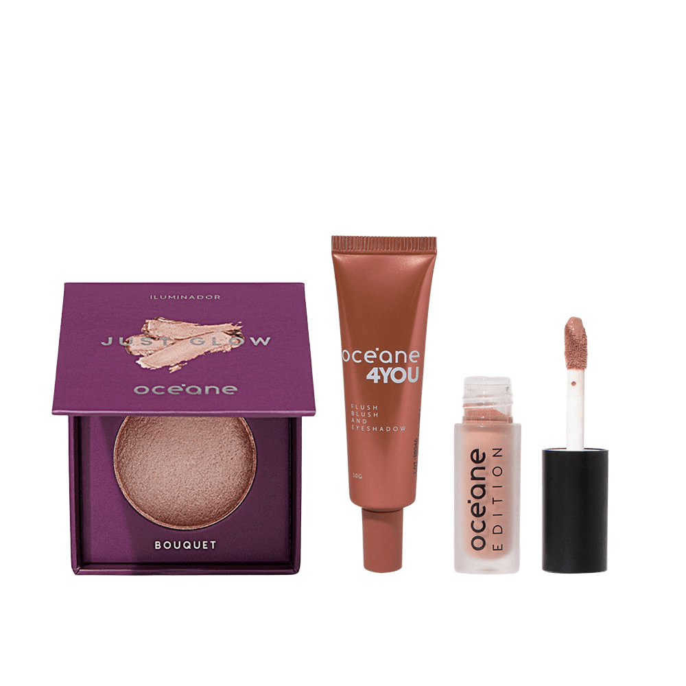 Kit Iluminador Rosa + Blush Líquido Laranja + Mini Batom Nude Océane