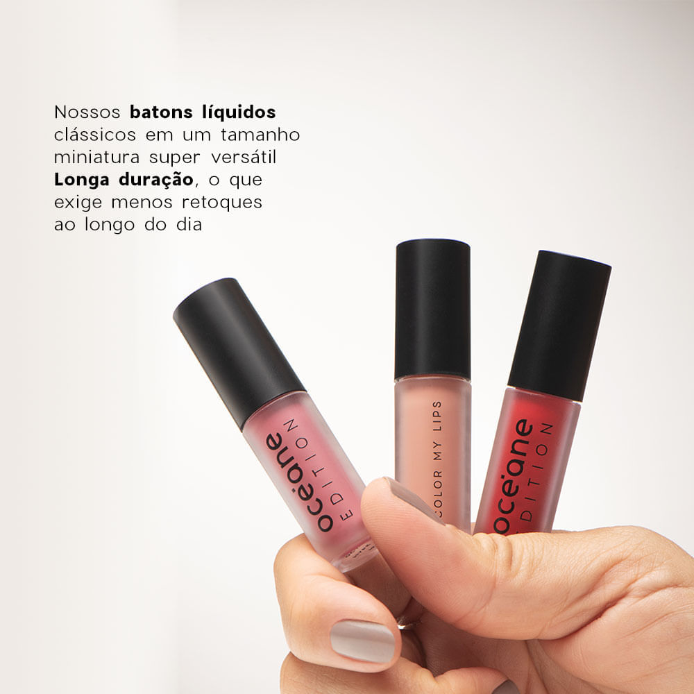 Kit Iluminador Rosa + Blush Líquido Laranja + Mini Batom Nude Océane