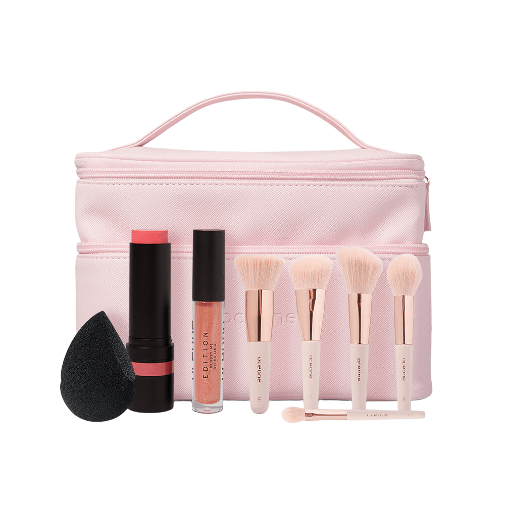 Kit Mini Pincéis + Brilho Labial + Flat Drop + Blush Stick + Nécessaire