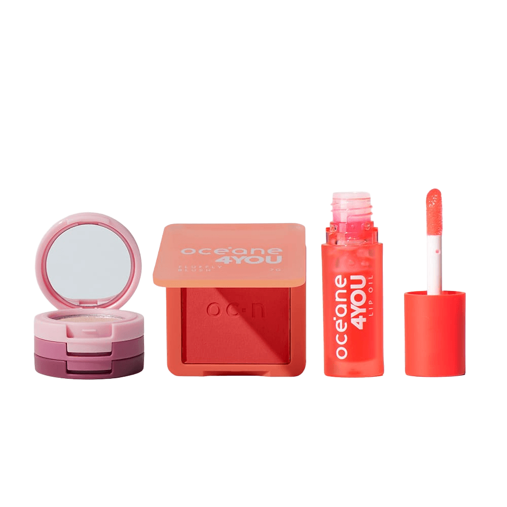 Kit Trio de Sombras + Blush Cremoso Coral Mini Lip Oil 4you