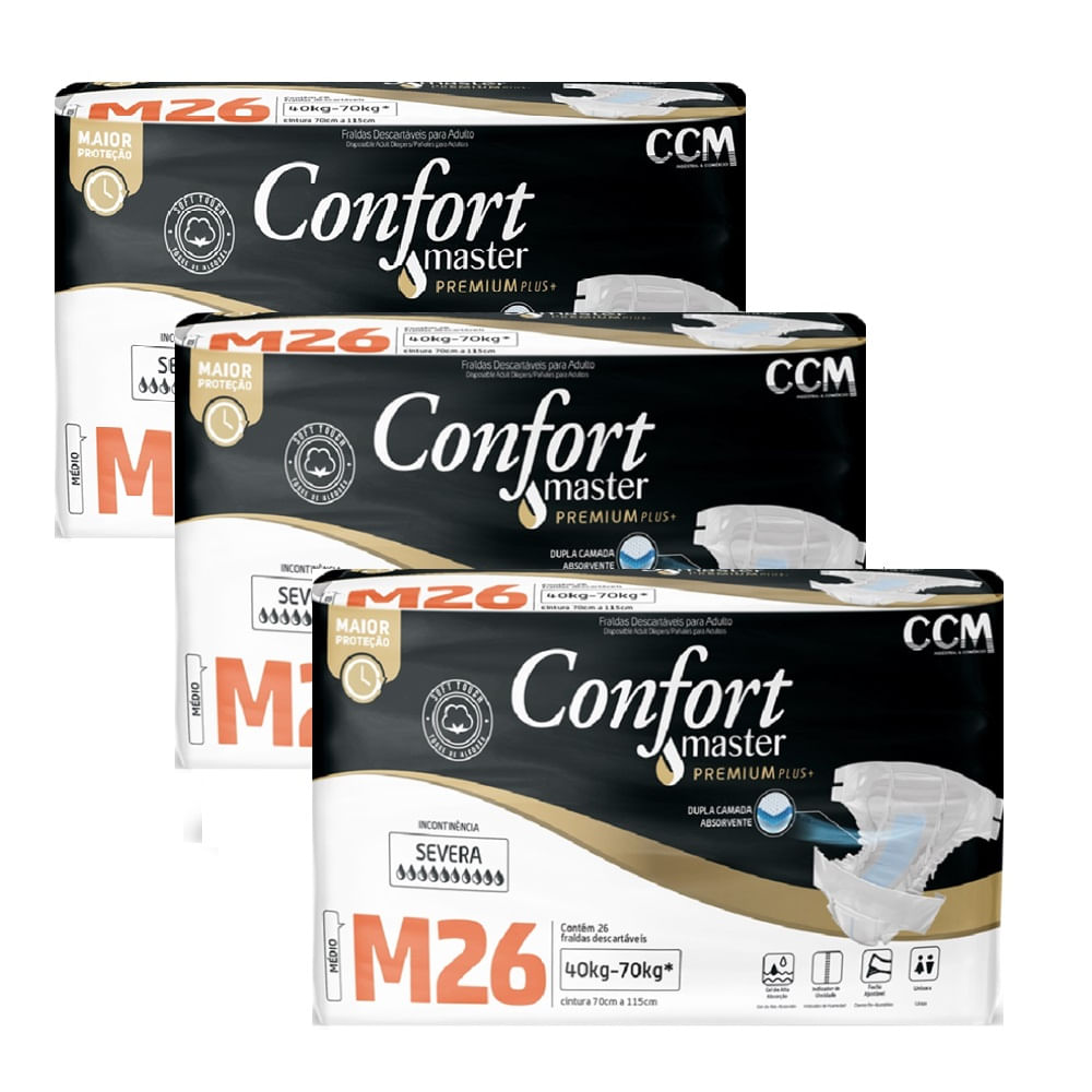Kit 3 Fralda Geriátrica Confort Premium Econômico Tamanho M 26 Unidades Cada