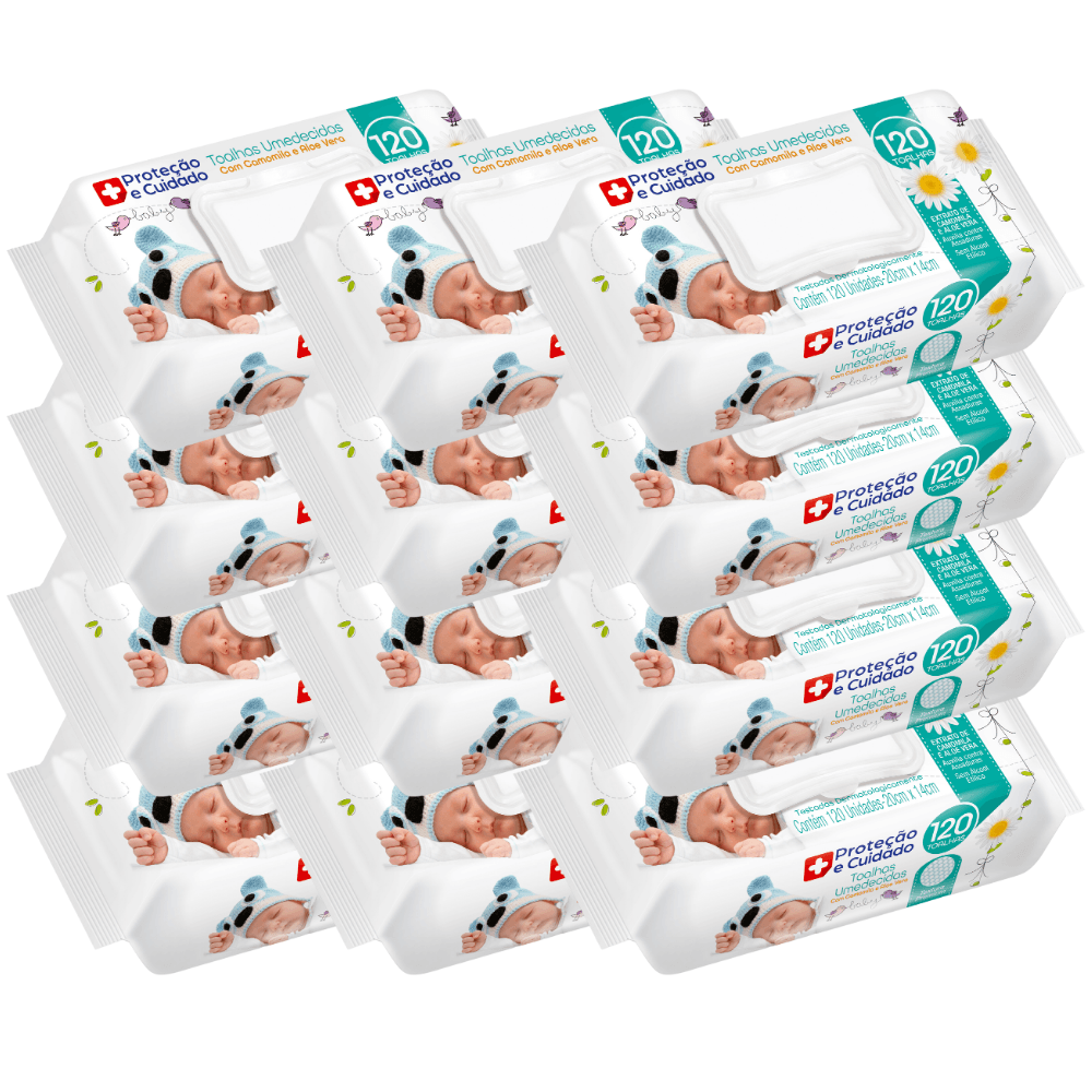 Kit 12 Toalhas Umedecidas Aloe Vera Camomila Proteção Cuidado