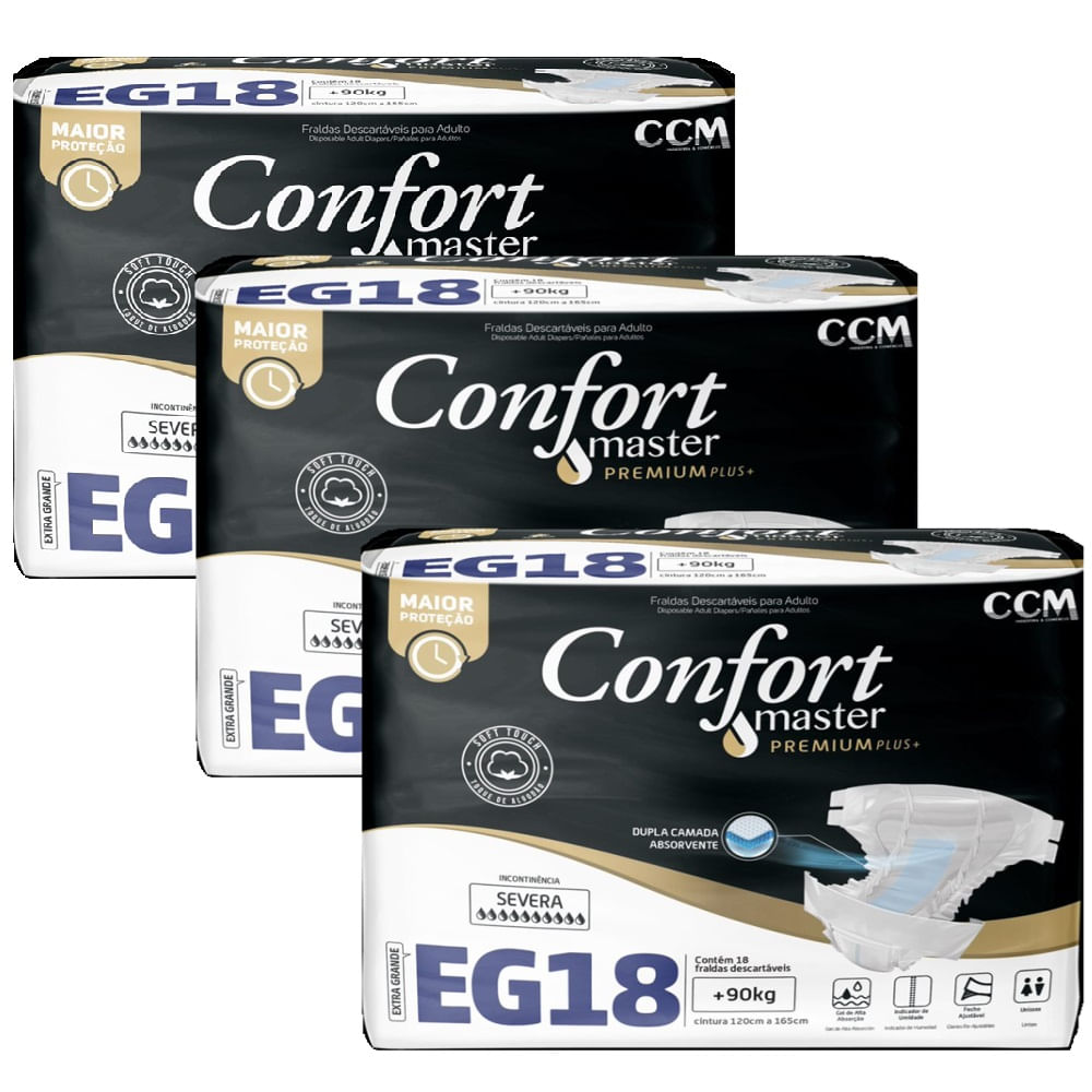 Kit 3 Fraldas Geriátricas Confort Premium Econ Extra Tamanho G 18 Unidades