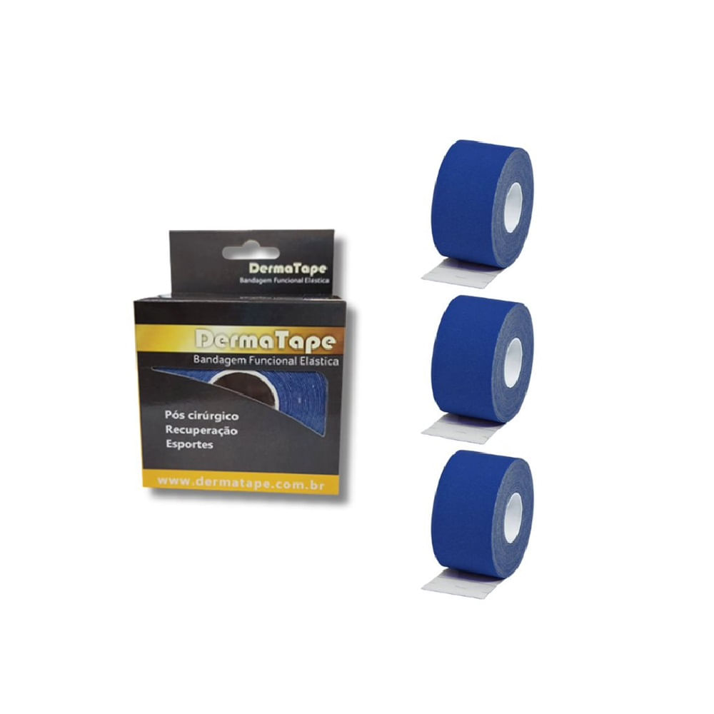 Kit 3 Bandagem Funcional Elástica Derma Tape Bioland Azul Azul