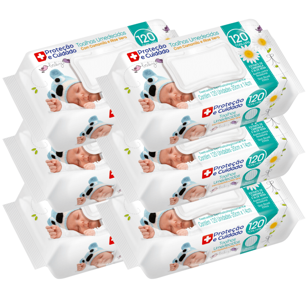 Kit 6 Toalhas Umedecidas Aloe Vera Camomila Proteção Cuidado