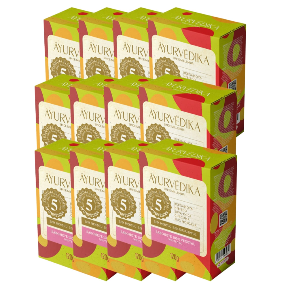 Kit 12 Sabonetes Em Barra 100% Vegetais White Tea Ayurvédika