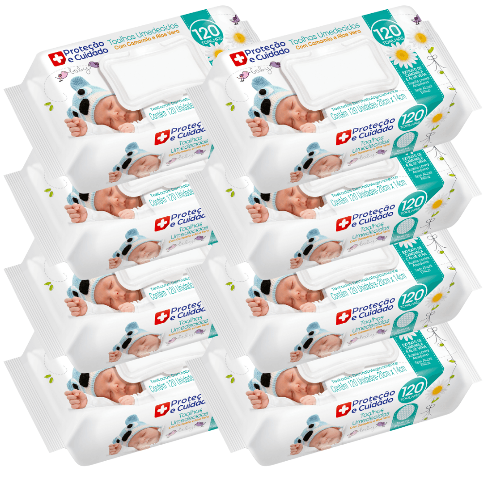 Kit 8 Toalhas Umedecidas Aloe Vera Camomila Proteção Cuidado