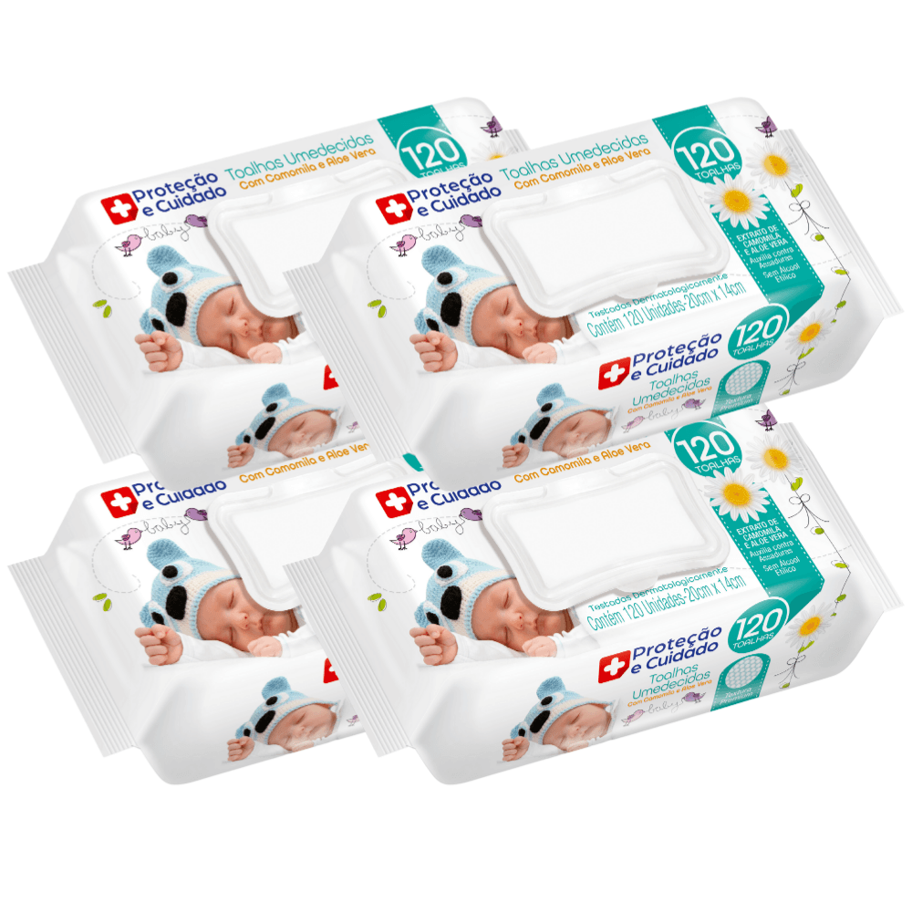 Kit 4 Toalhas Umedecidas Aloe Vera Camomila Proteção Cuidado