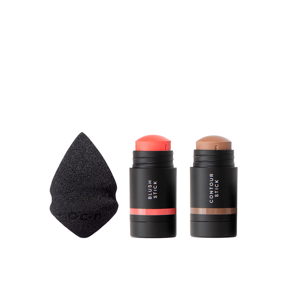 Kit Mini Blush em Bastão Coral + Mini Contorno em Bastão Marrom Médio + Mini Esponja de Maquiagem Océane Edition