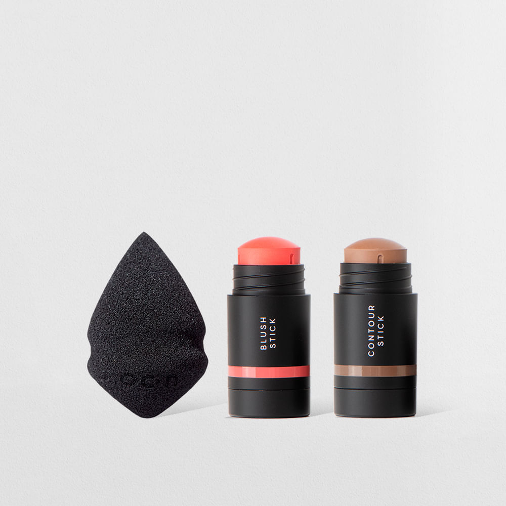 Kit Mini Blush em Bastão Coral + Mini Contorno em Bastão Marrom Médio + Mini Esponja de Maquiagem Océane Edition