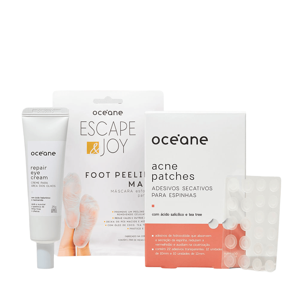 Kit Adesivo Secativos + Creme Para Área Dos Olhos + Máscara Esfoliante Para Pés