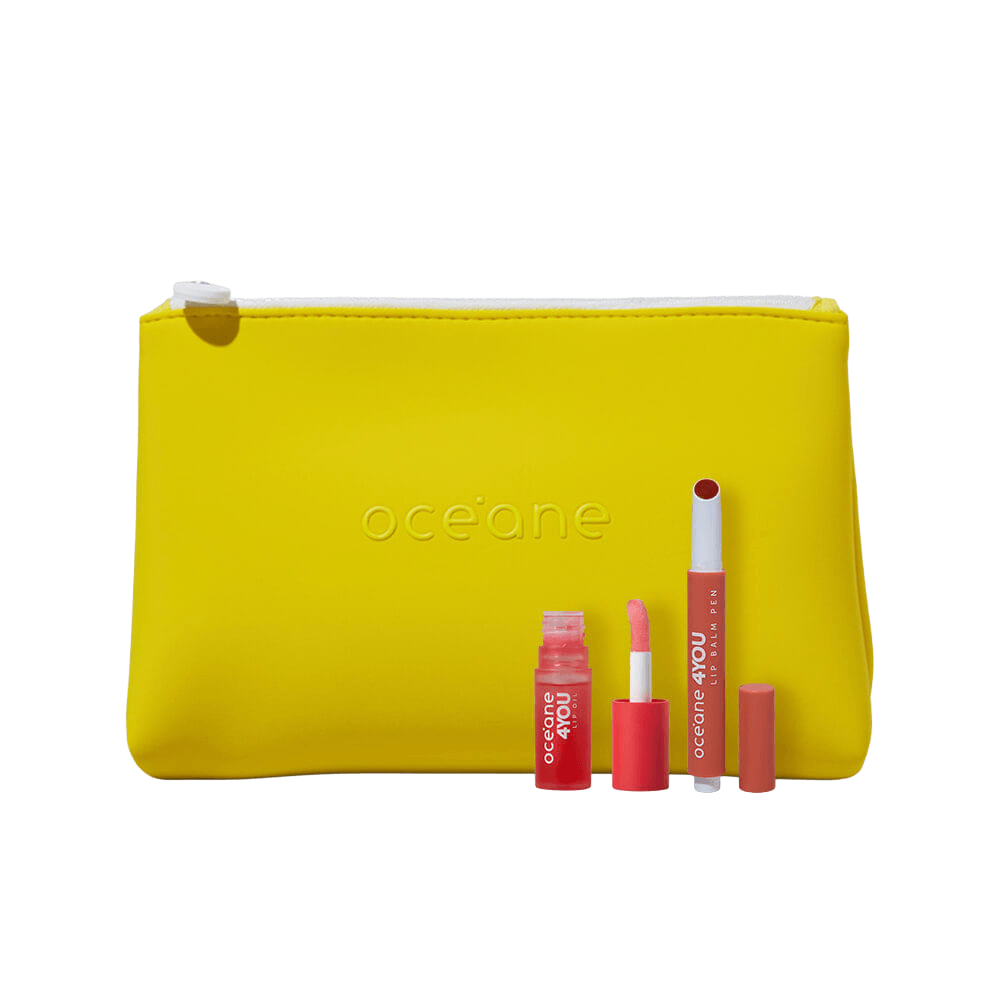 Kit Hidratante Labial Coral + Lip Oil Rosa + Nécessaire Neoprene Amarelo 4you
