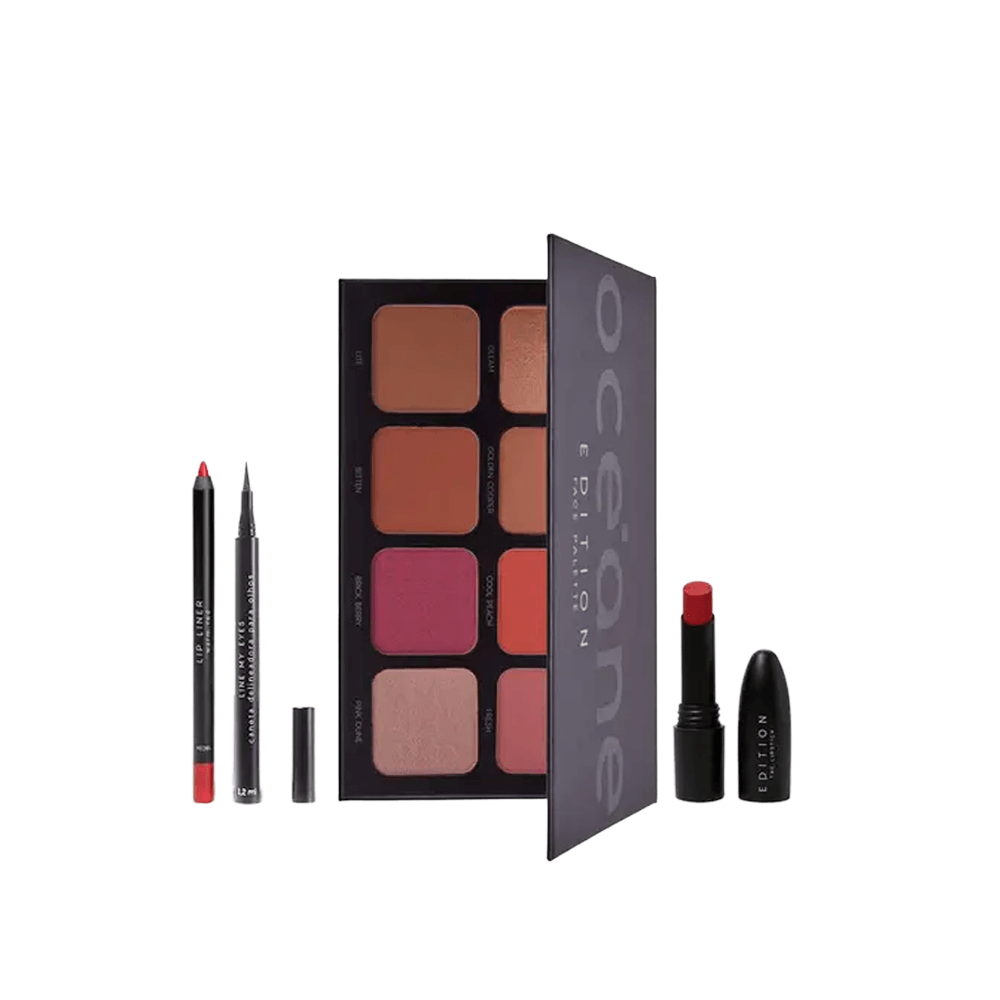 Kit Paleta Multifuncional Face Palette +  Batom Vermelho + Lápis Labial Vermelho + Caneta Delineadora Océane Edition