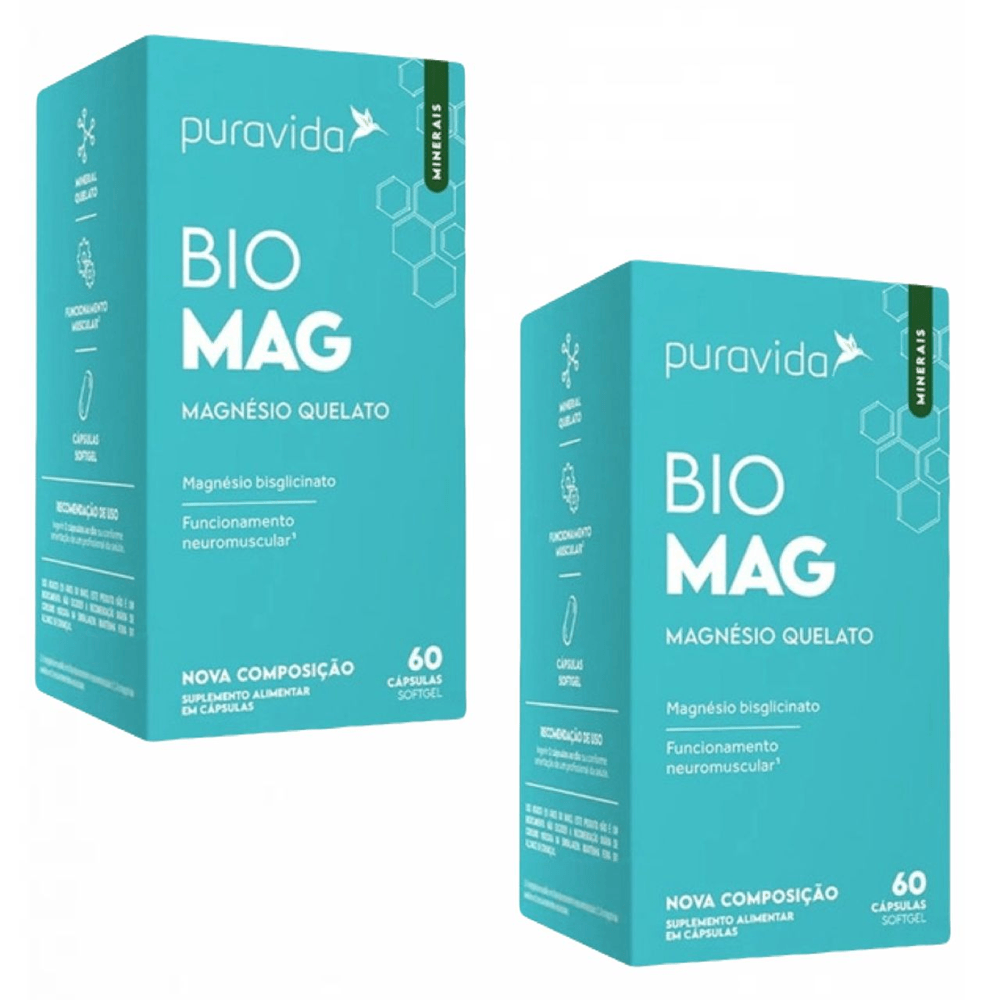 2x Bio Mag Magnésio Quelato Softgel Pura Vida 60  Cápsulas