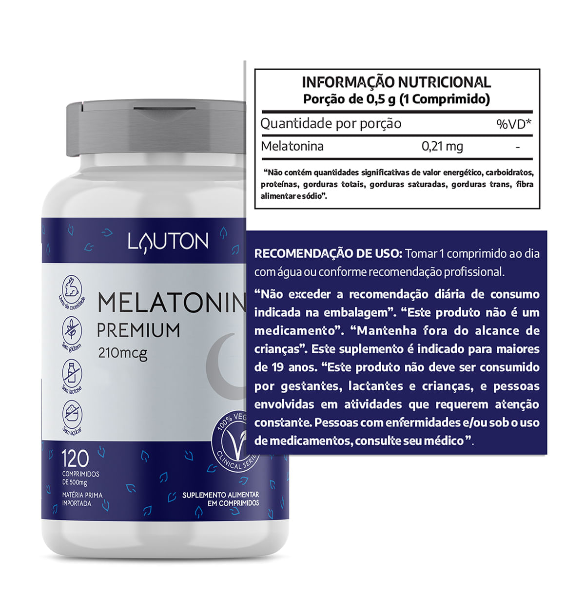 Melatonina Premium 210mcg 120 comprimidos Lauton Nutrition